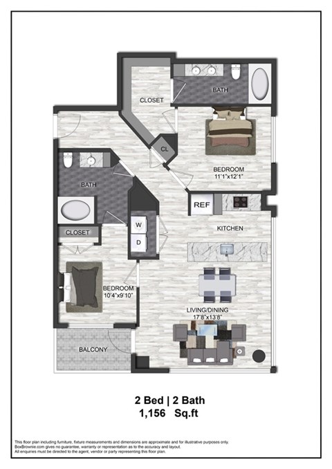 Floor plan for 2 beds, 2 baths, 1156 sqft